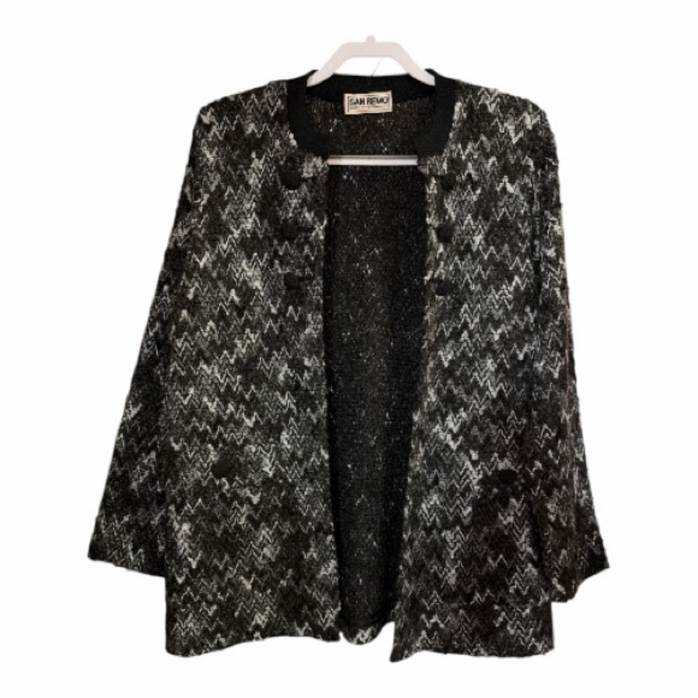 Vintage San Remo brand black and white chevron knit open front jacket